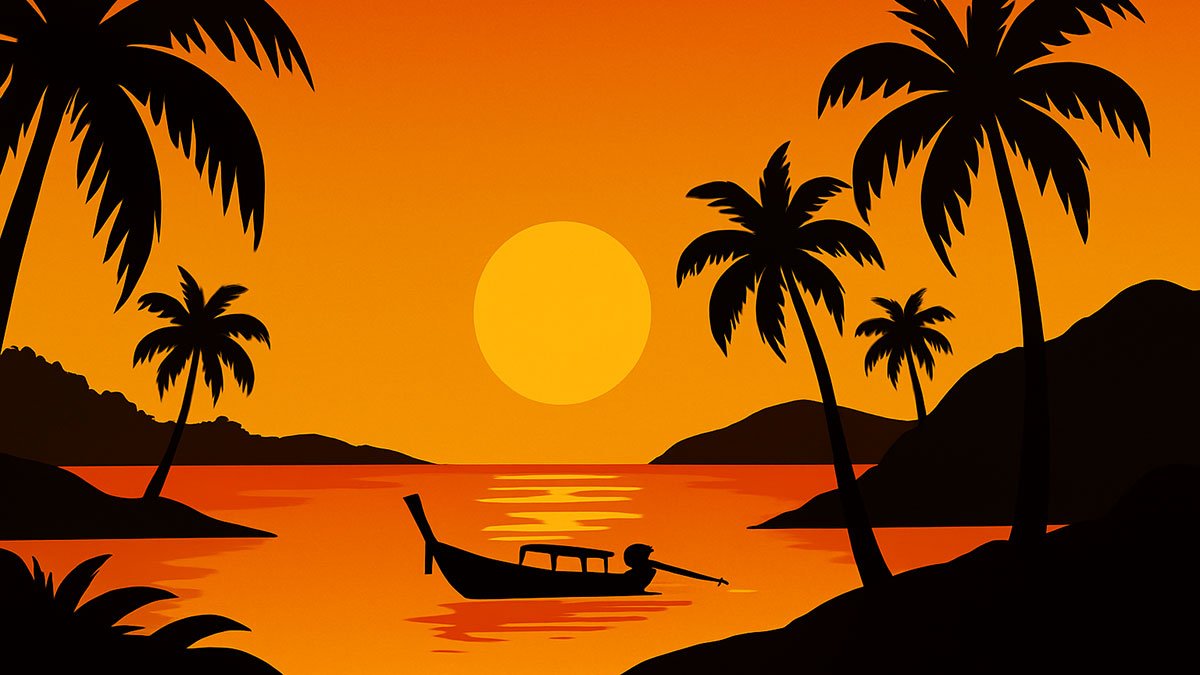 palm trees and beach with sunset