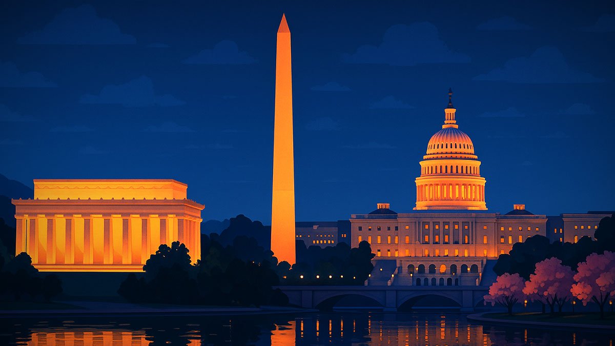 Washington, D.C. at dusk with Lincoln Memorial, Washington Monument and U.S. Capitol reflected in the Reflecting Pool