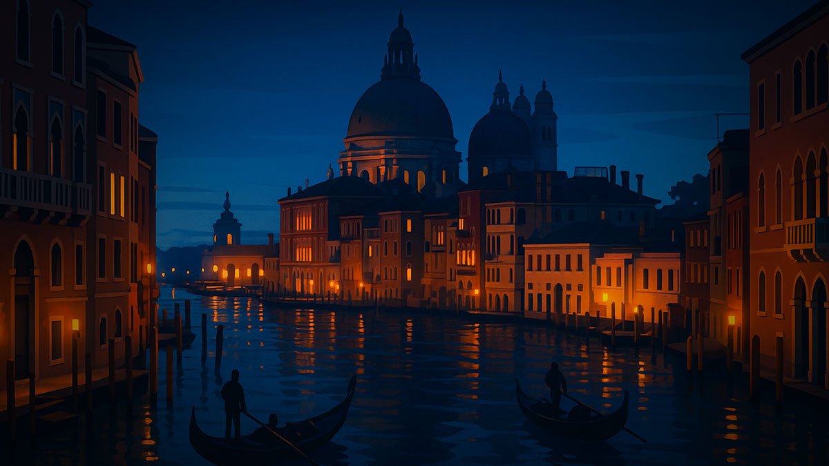 Venice at dusk with dark blue sky, gondolas on the Grand Canal and Santa Maria della Salute lit along the waterfront