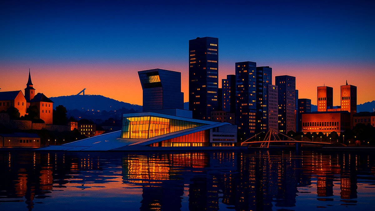 Oslo waterfront at dusk with Opera House, MUNCH museum, Barcode skyline, Akershus Fortress and fjord reflections