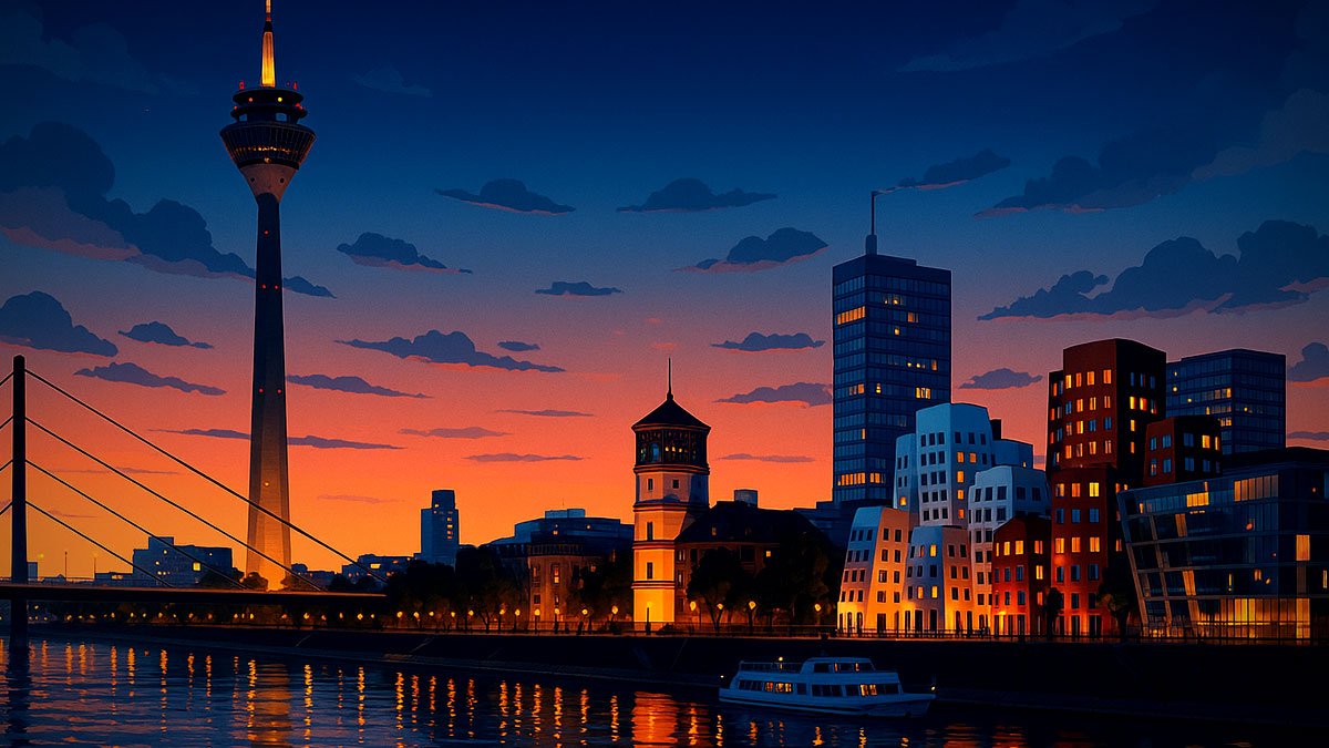 Düsseldorf at dusk with Rheinturm, Gehry buildings in MedienHafen, cable-stayed bridge and Rhine promenade
