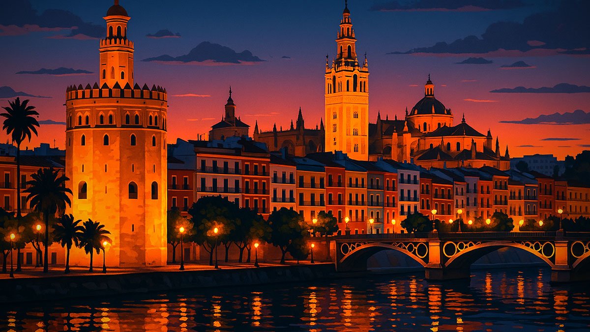 Seville at dusk with the Giralda and Cathedral, Torre del Oro, Triana Bridge and colorful riverside along the Guadalquivir