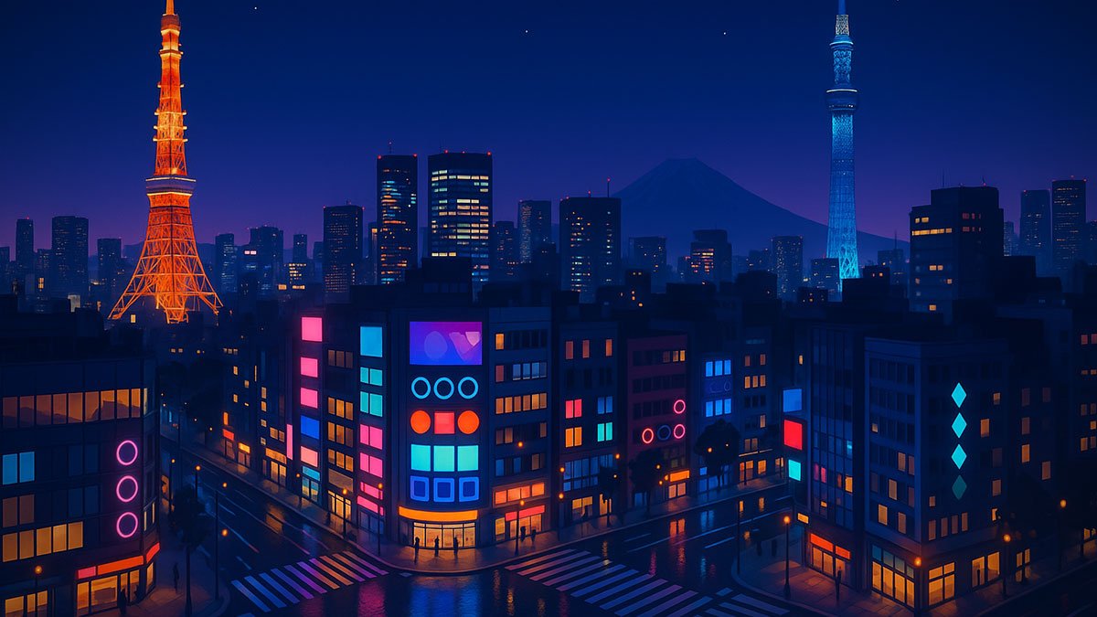 okyo at dusk with Tokyo Tower, Tokyo Skytree, neon-lit streets and distant Mount Fuji under a deep blue sky