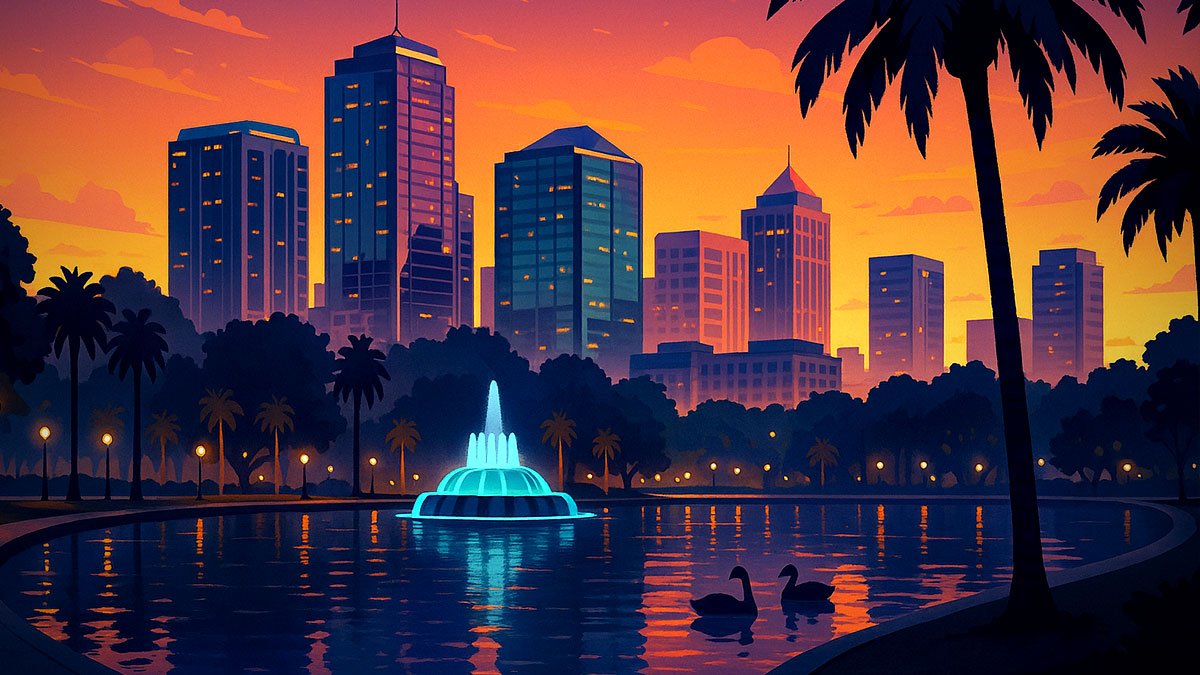 Orlando skyline at dusk over Lake Eola with fountain, palm trees, and reflections