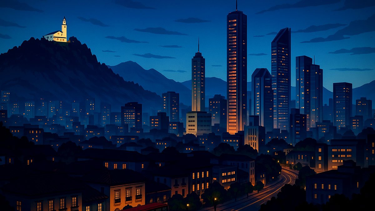 Bogotá at dusk with Monserrate hilltop church, Torre Colpatria, BD Bacatá and city skyline under a blue evening sky