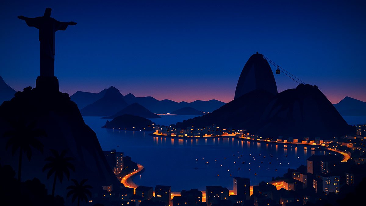 io de Janeiro at dusk with Christ the Redeemer, Sugarloaf Mountain, Guanabara Bay and curving shoreline