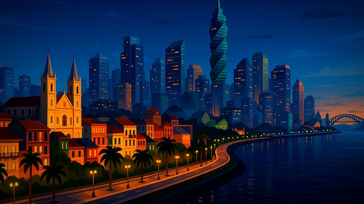 Panama City at dusk with Casco Viejo, Cinta Costera, F&F Tower and skyline reflected in the Bay of Panama