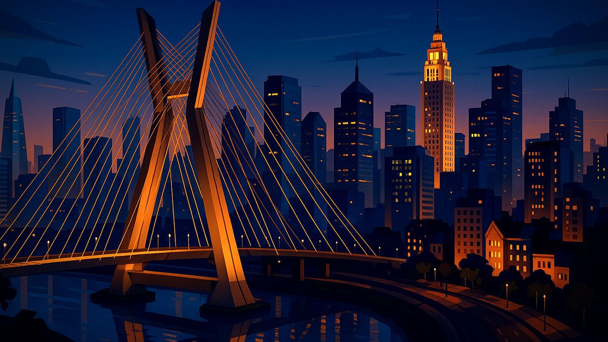 São Paulo skyline at dusk with Ponte Estaiada over the Pinheiros River and illuminated high-rises