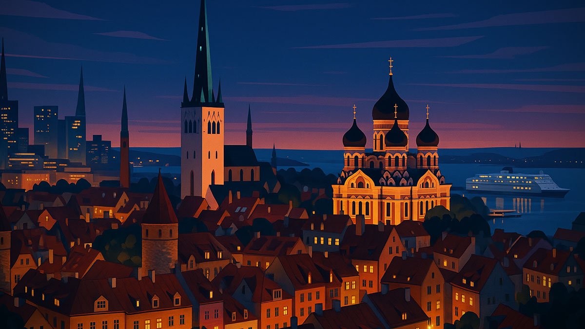 Tallinn at dusk with Old Town red roofs, St. Olaf’s Church spire, Alexander Nevsky Cathedral and Baltic Sea harbor