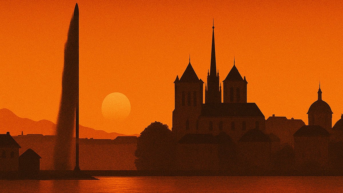 illustration of Geneva with the lake at sunset