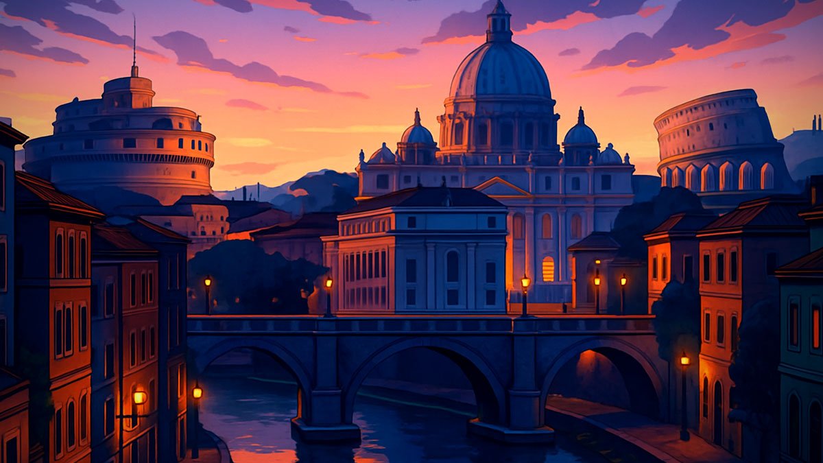 Rome cityscape at dusk over the Tiber with bridge, St. Peter’s Basilica, Castel Sant’Angelo, and