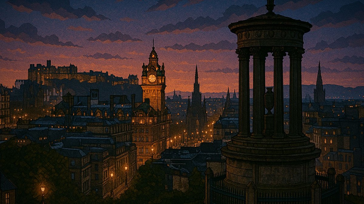 Edinburgh skyline at dusk from Calton Hill with Dugald Stewart Monument, Balmoral clock