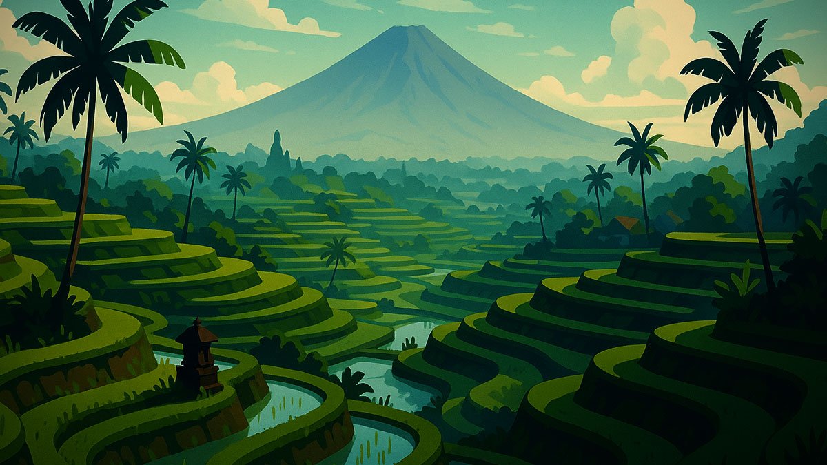ali rice terraces in soft daytime light with layered paddies, coconut palms, water channels and a distant volcanic peak