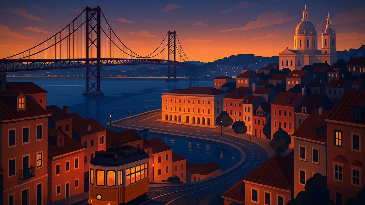 Lisbon at dusk with Tram 28, Alfama rooftops, Praça do Comércio and the 25 de Abril Bridge over the Tagus