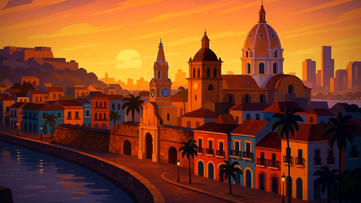 Cartagena at dusk with walled Old Town, Torre del Reloj, Cathedral dome, colorful colonial houses, and bayfront