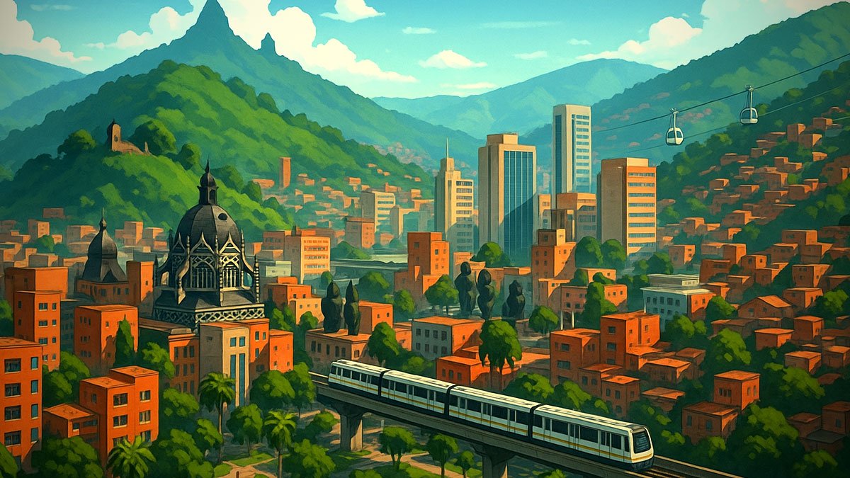 Stylized daytime cityscape of Medellín, Colombia in modern videogame style: green Aburrá Valley hills, Metrocable cabins crossing the hillside, elevated Metro train, red-brick buildings, Plaza Botero silhouettes, and Pueblito Paisa on Cerro Nutibar