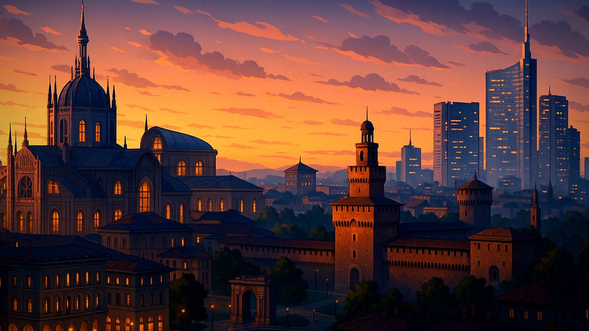 Milan cityscape at dusk with the Duomo, Castello Sforzesco, and Porta Nuova skyline, 16:9
