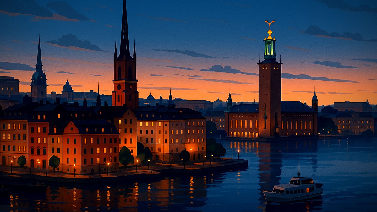 Stockholm at dusk with Gamla Stan, Riddarholmen Church spire, and City Hall reflected on the water