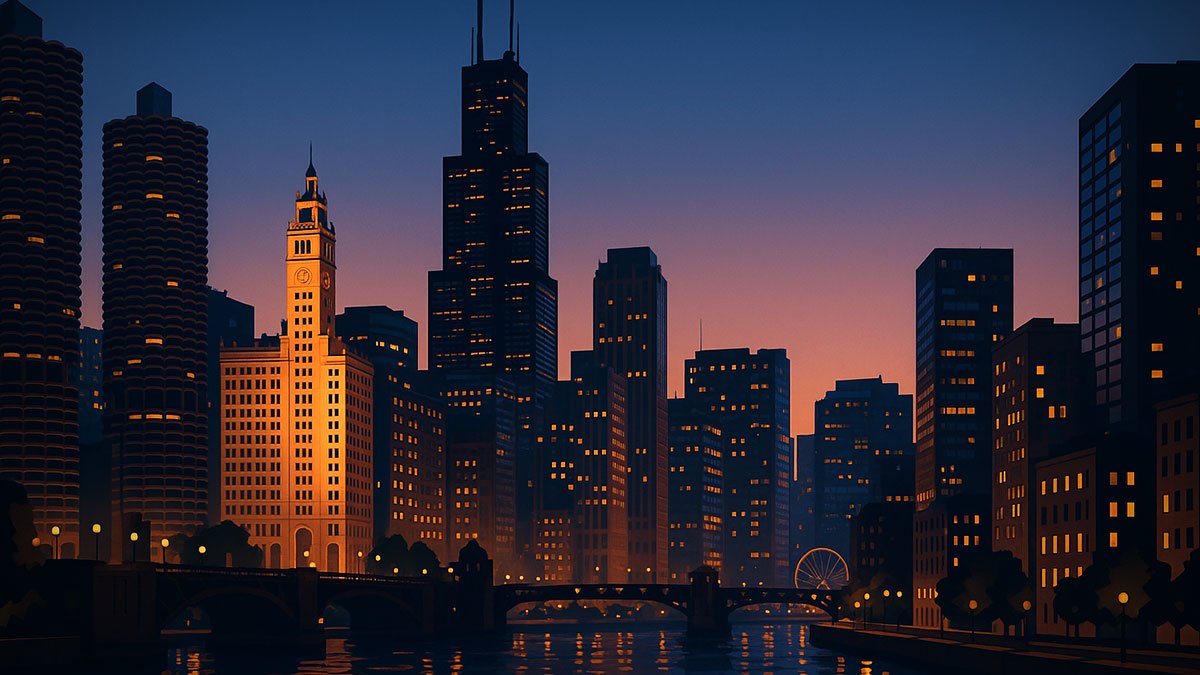 Chicago skyline at dusk over the Chicago River with bridges, Willis Tower, Marina City and the Wrigley Building
