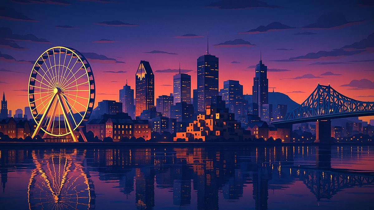 Montreal skyline at dusk with Old Port, La Grande Roue, Habitat 67, and Jacques Cartier Bridge reflected on the St. Lawrence