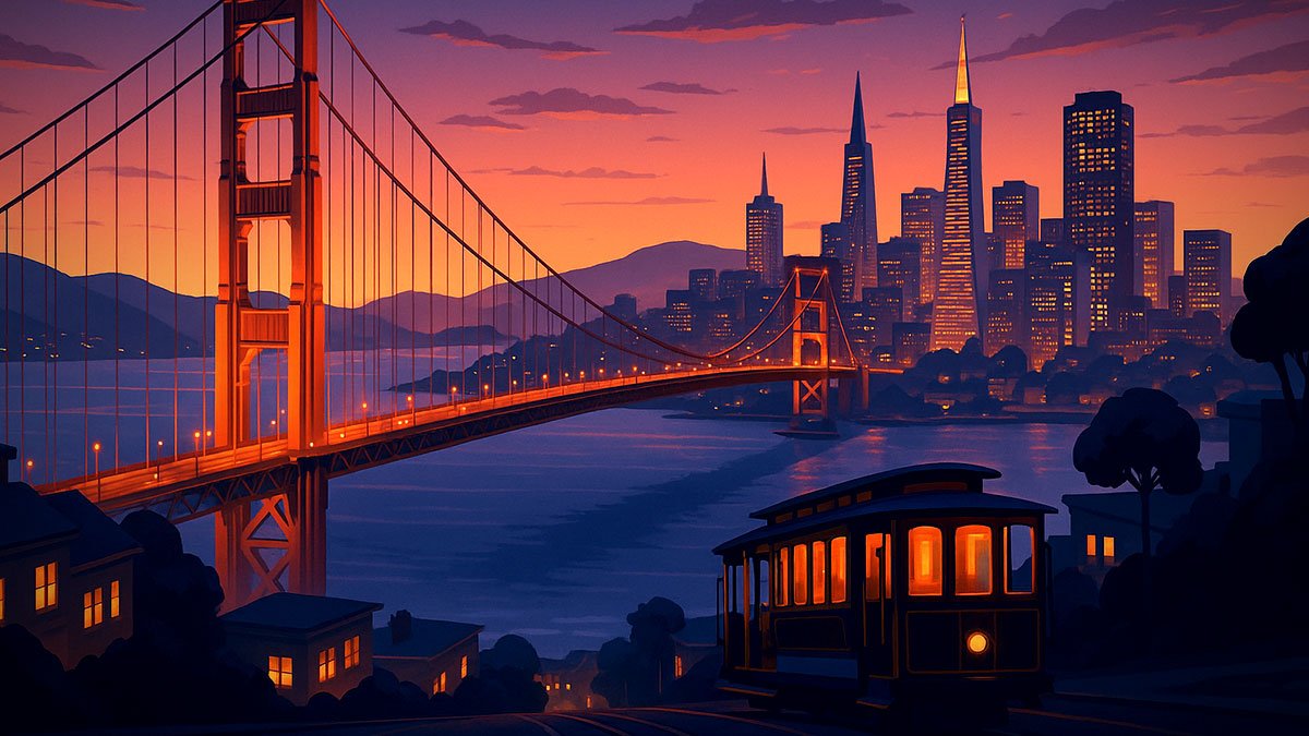 San Francisco at dusk with Golden Gate Bridge, cable car, and skyline with Transamerica Pyramid and Salesforce Tower