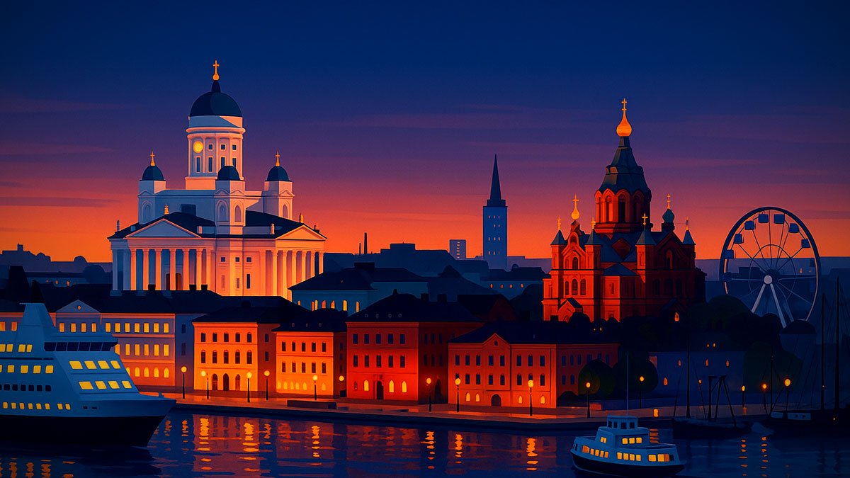 Helsinki waterfront at dusk with Helsinki Cathedral, Uspenski Cathedral, SkyWheel and ferries reflected on the harbor