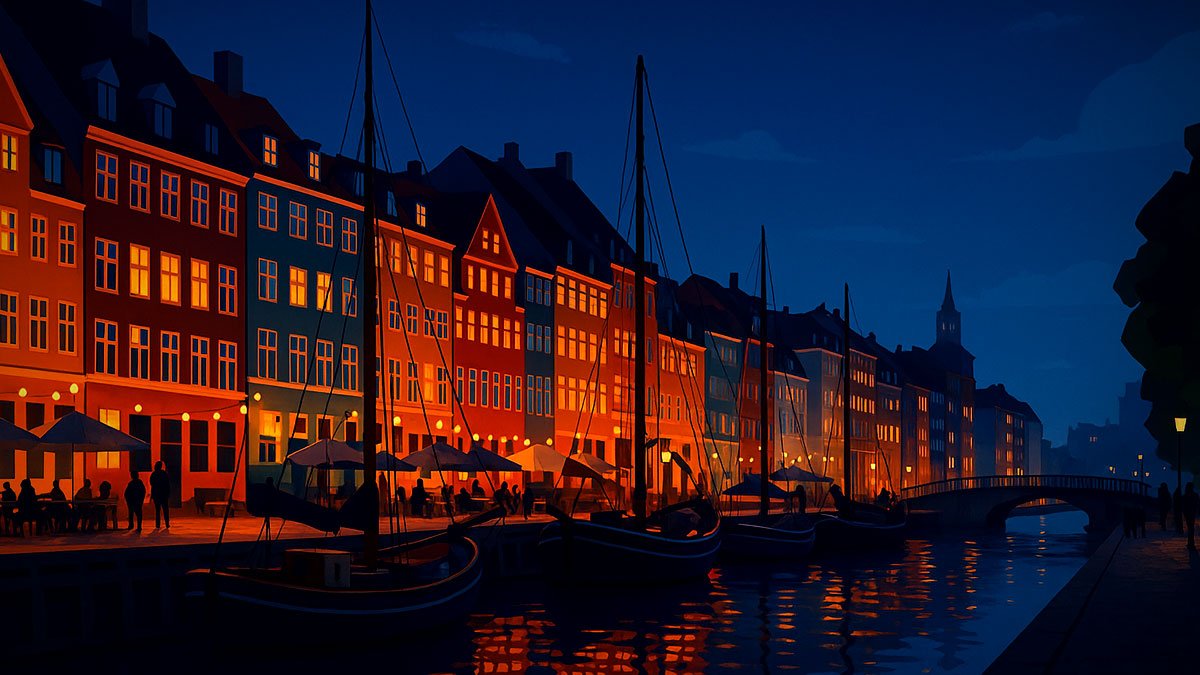Copenhagen Nyhavn harbour houses at dusk with colorful gabled facades, canal boats and reflections