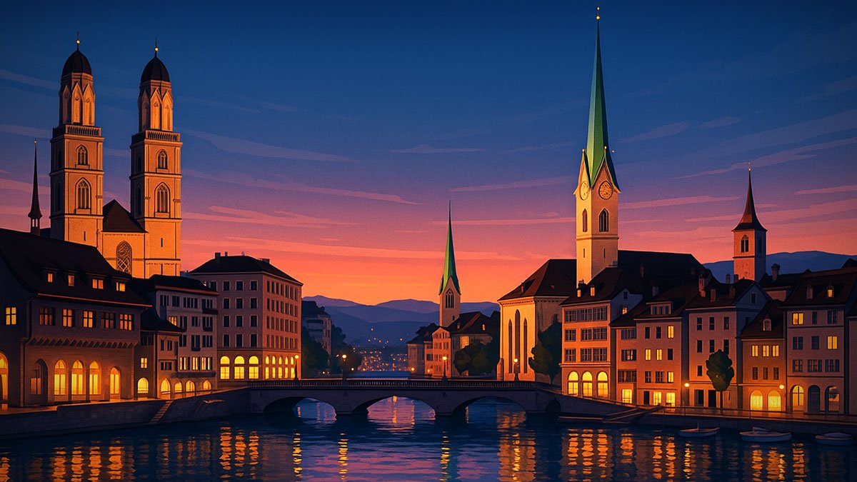 Zürich at dusk with the Limmat River, Grossmünster twin towers, Fraumünster spire and stone bridge reflected in the water
