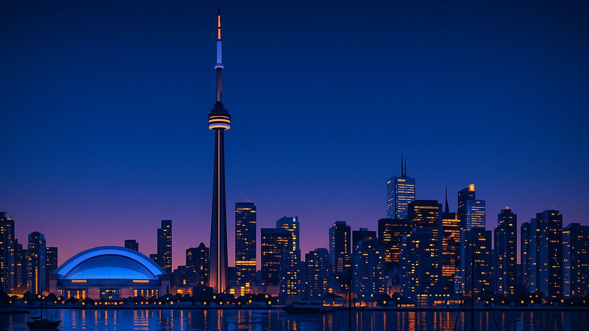 Toronto skyline at dusk with CN Tower, Rogers Centre and boats on Lake Ontario, reflections under a deepening blue sky