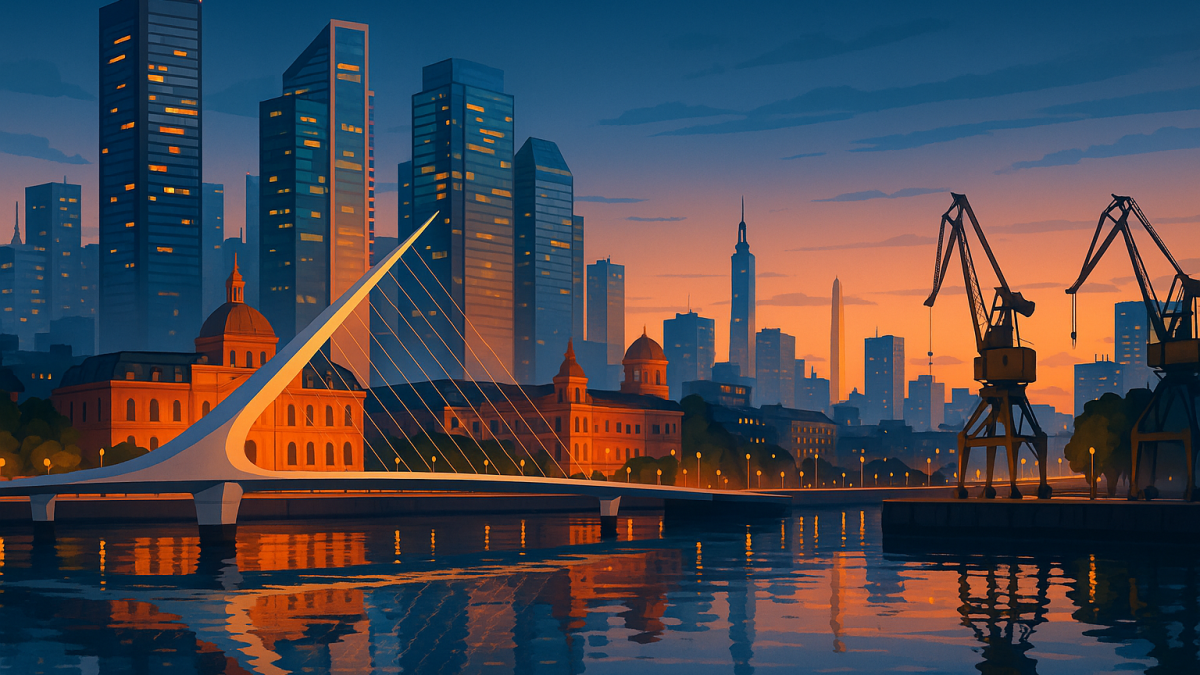 Buenos Aires at dusk with Puerto Madero, Puente de la Mujer, port cranes, and skyline with the Obelisco in the distance