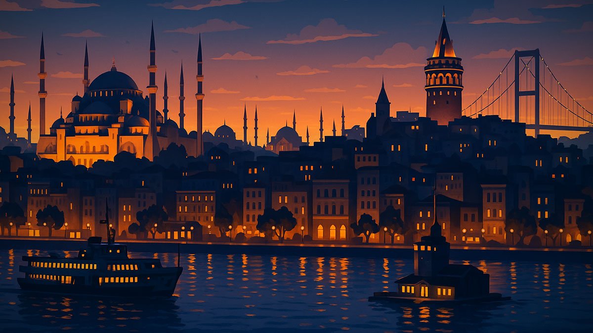 Istanbul at dusk with Hagia Sophia, Blue Mosque, Galata Tower, Maiden’s Tower and Bosphorus Bridge over the water