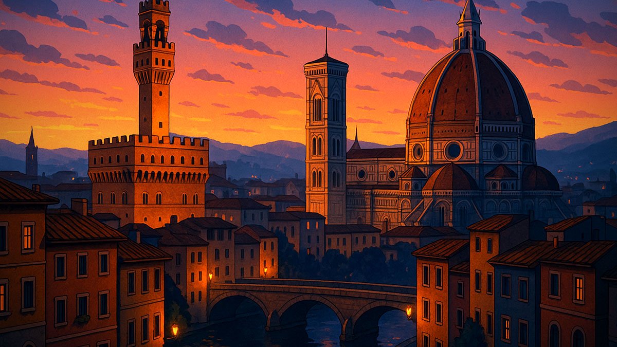 Florence cityscape at dusk with Ponte Vecchio, the Duomo and Giotto’s Campanile over the Arno