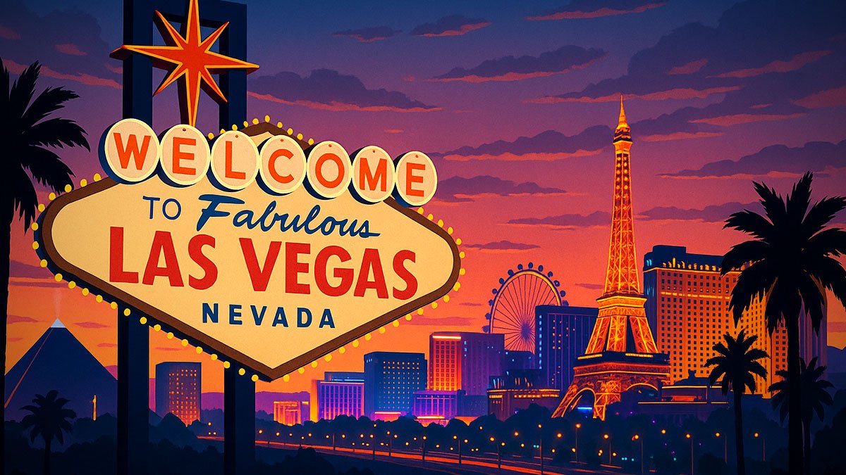 Las Vegas Strip at dusk with the ‘Welcome to Fabulous Las Vegas’ sign, neon skyline and palm tre