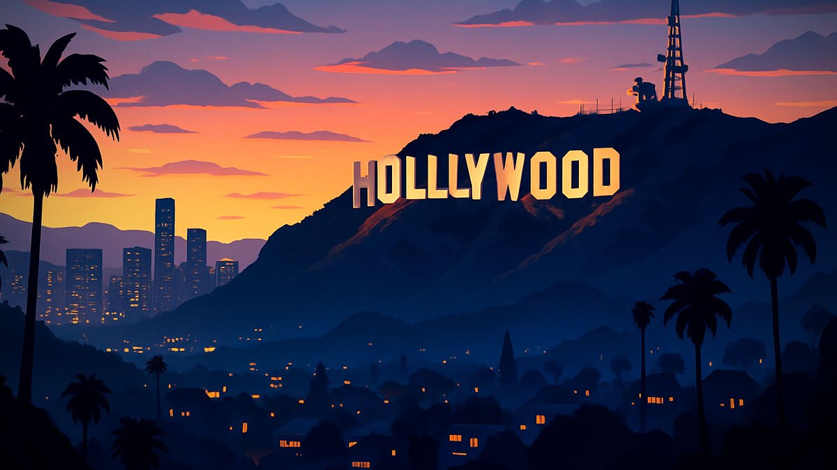 Hollywood Sign at dusk on Mount Lee overlooking Los Angeles skyline and palm-studded hills