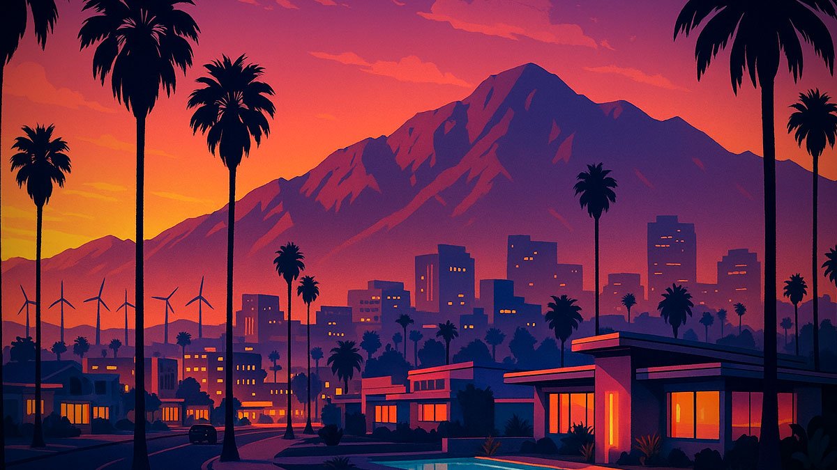 Palm Springs at dusk with palm-lined streets, mid-century modern homes, San Jacinto Mountains, and d