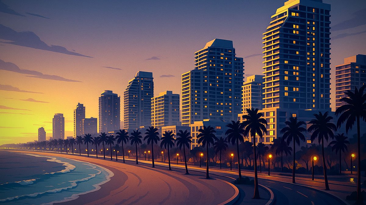 Fort Lauderdale oceanfront at dusk with palm-lined promenade, curving beach, and modern high-rise ho