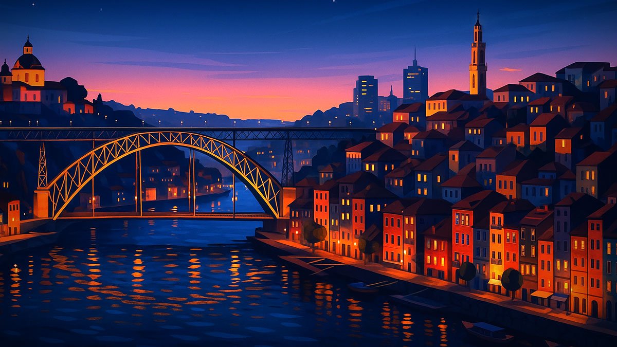 orto at dusk with Dom Luís I Bridge over the Douro River and Ribeira waterfront of colorful houses