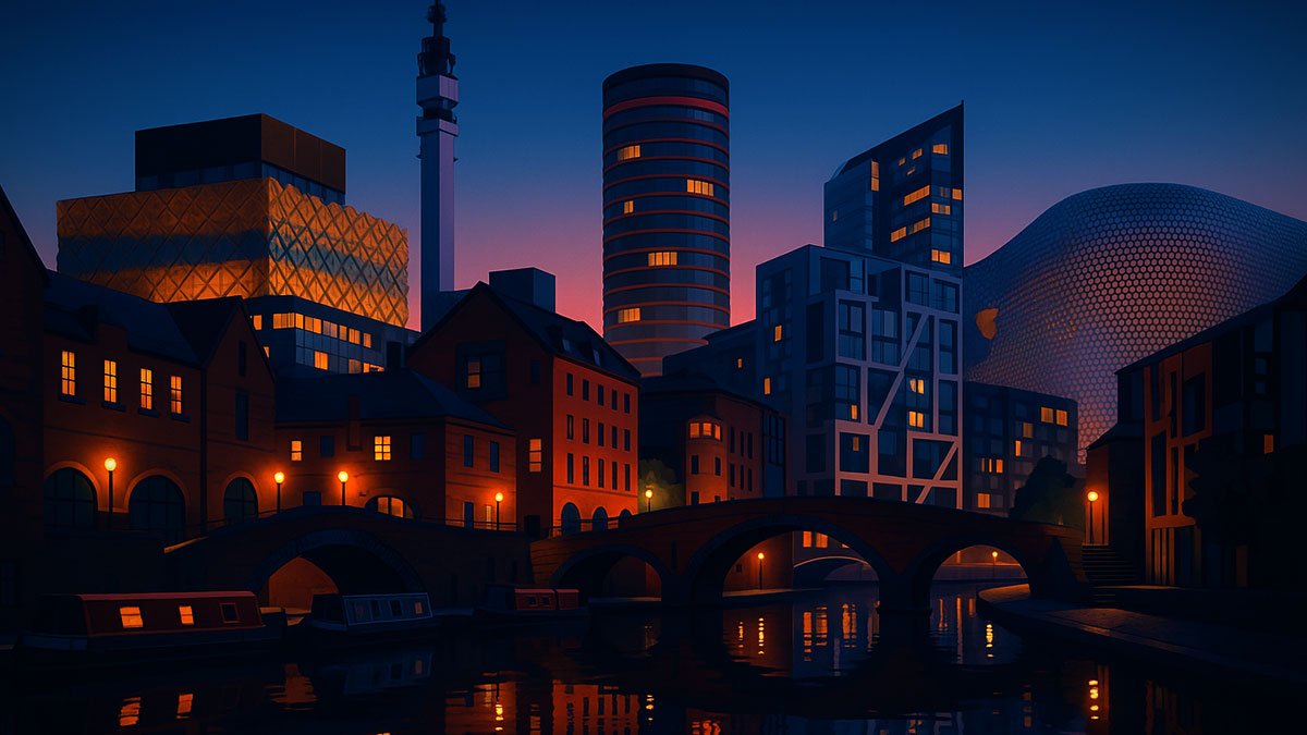 Birmingham UK at dusk with Gas Street Basin canals, brick bridges, Library of Birmingham, BT Tower, Rotunda and Selfridges facade