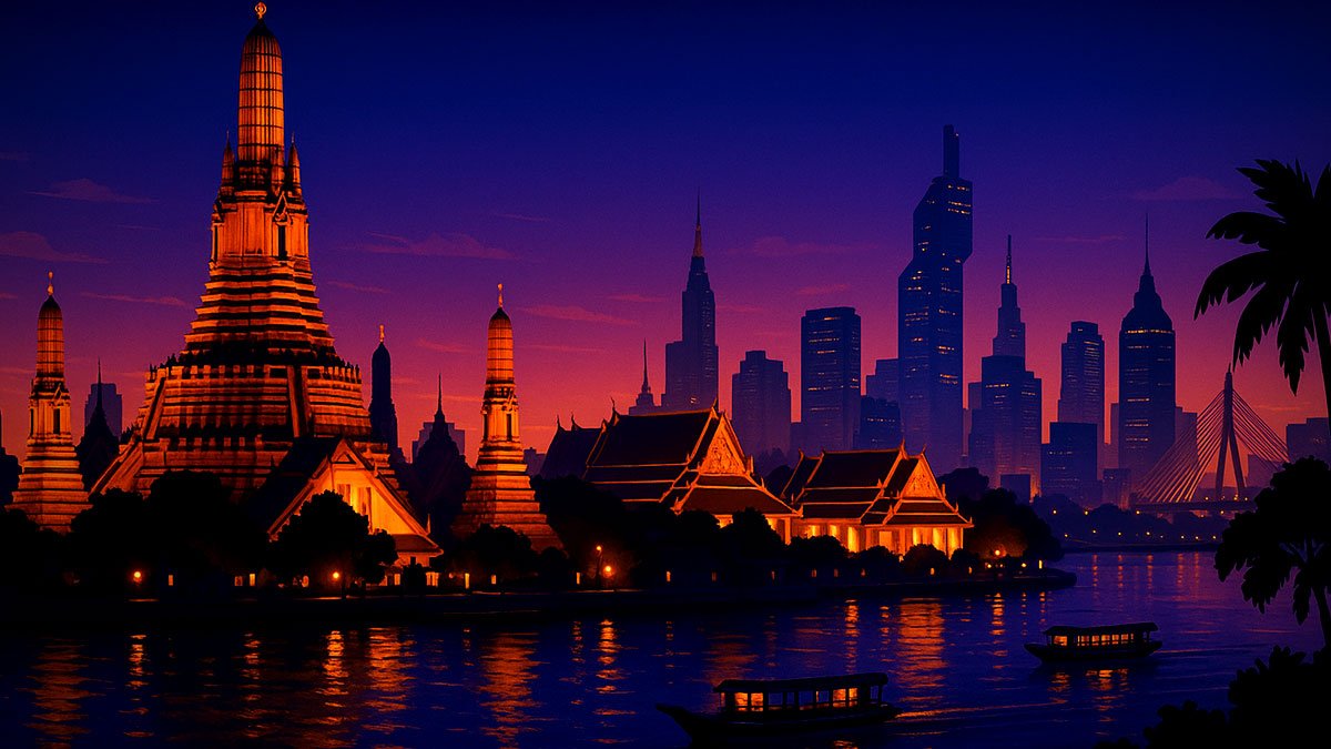 Bangkok at dusk with Wat Arun and Grand Palace by the Chao Phraya, modern skyline and Rama VIII Bridge