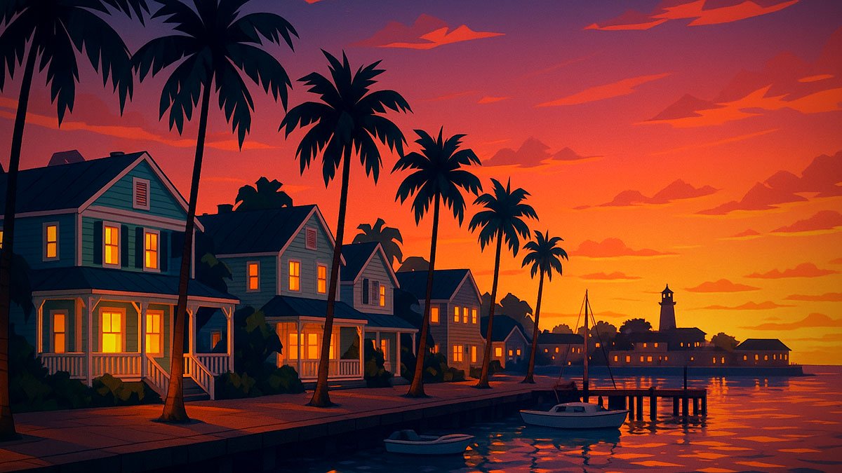 Key West waterfront at dusk with pastel conch houses, palm-lined promenade, marina boats, and lighth