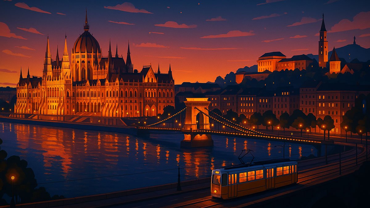 Budapest at dusk with the Hungarian Parliament Building, Chain Bridge over the Danube, Buda Castle and a yellow tram