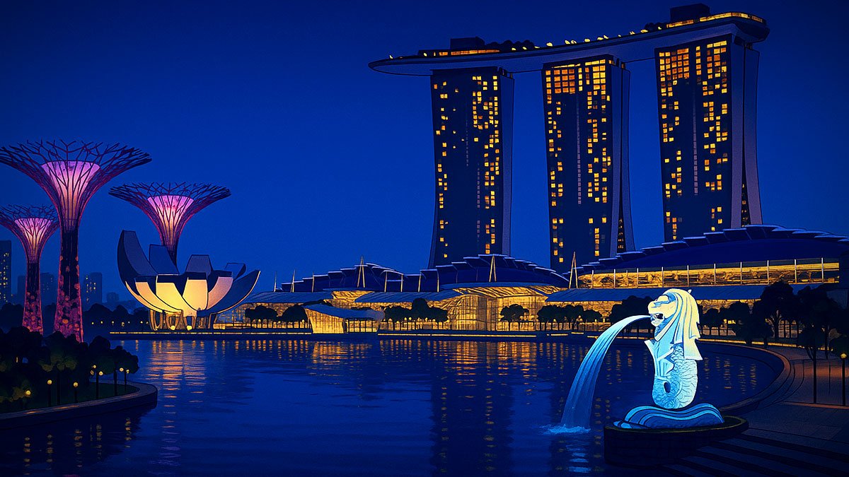 Singapore skyline at dusk with Marina Bay Sands, Supertree Grove, ArtScience Museum and Merlion by Marina Bay under a dark blue sky