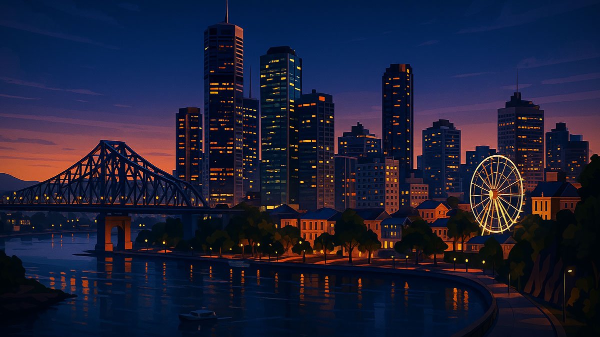 Brisbane skyline at dusk with Story Bridge over the Brisbane River, CBD towers and the Wheel of Brisbane