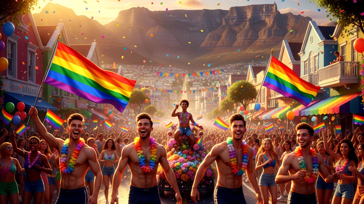 graphic of guys celebrating Pride at the boulevard or Cape Town