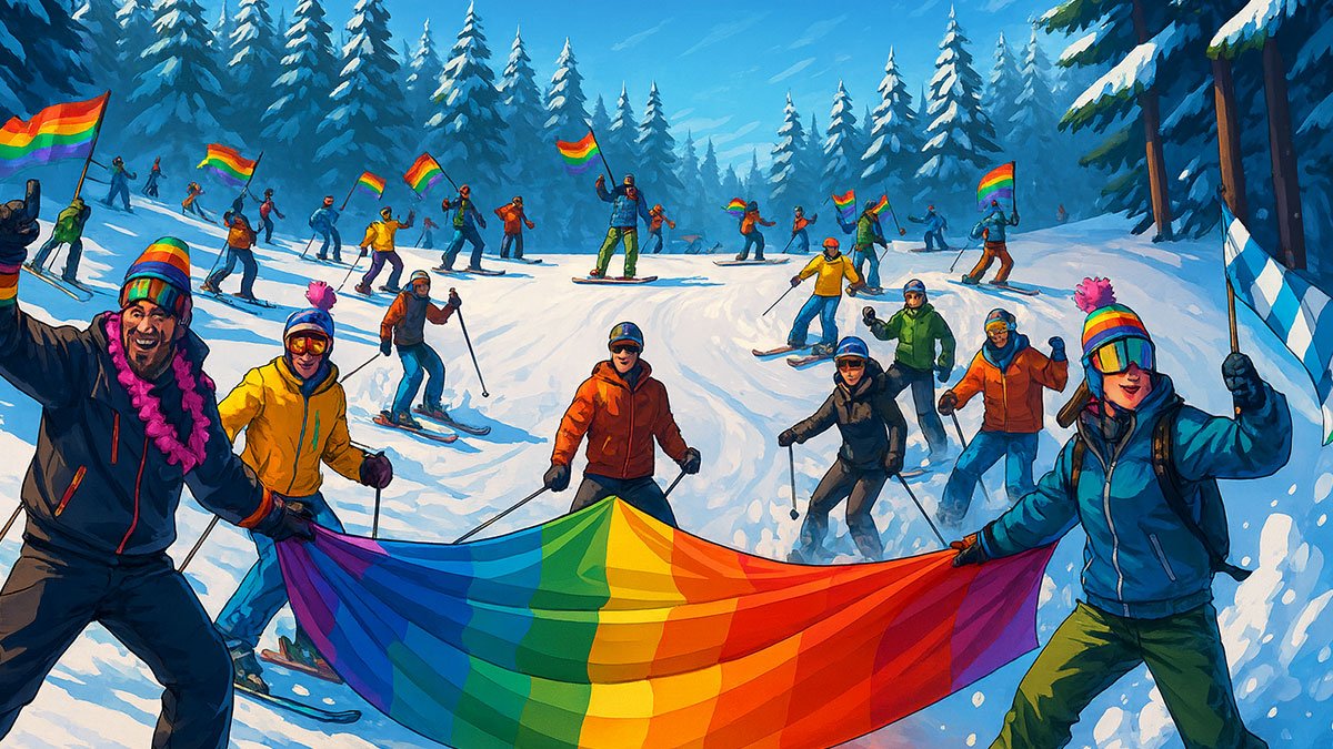 skiing with a gay flag at Whistler Pride