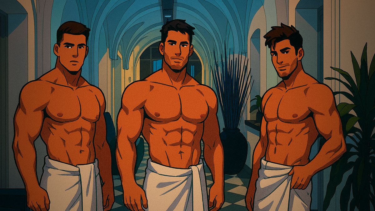3 guys in towels in Aires A Full gay sauna Buenos 