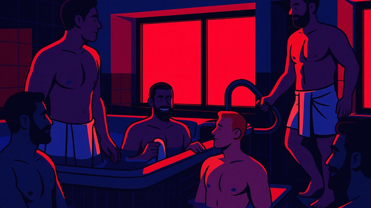 guys in hot tub of gay sauna