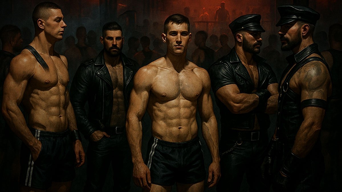 gay guys in leather and shorts at darklands party