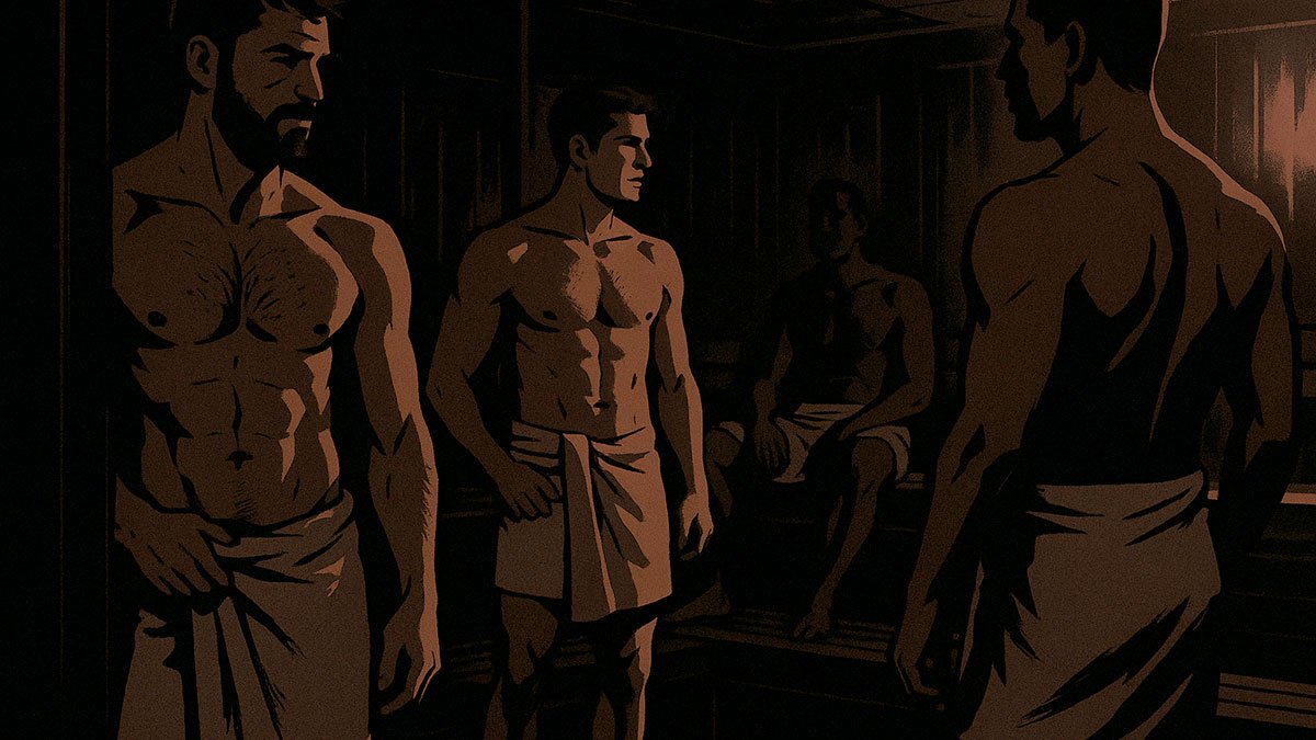 men in a dark gay sauna