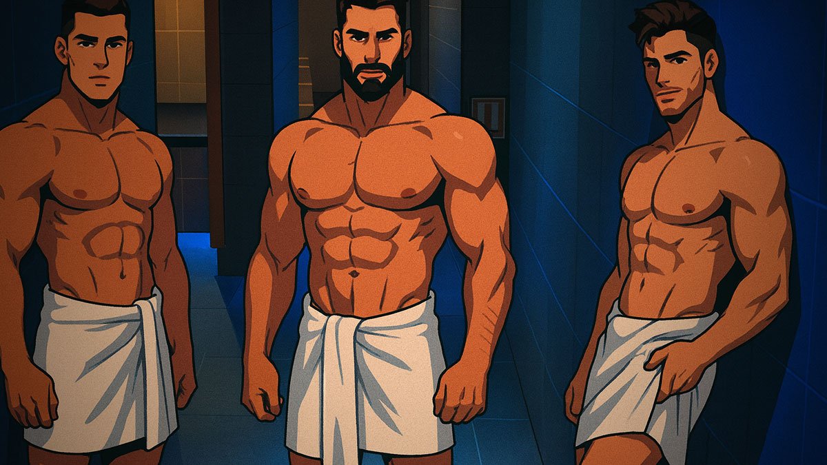 3 guys haning around in the H2O gay sauna in Benidorm